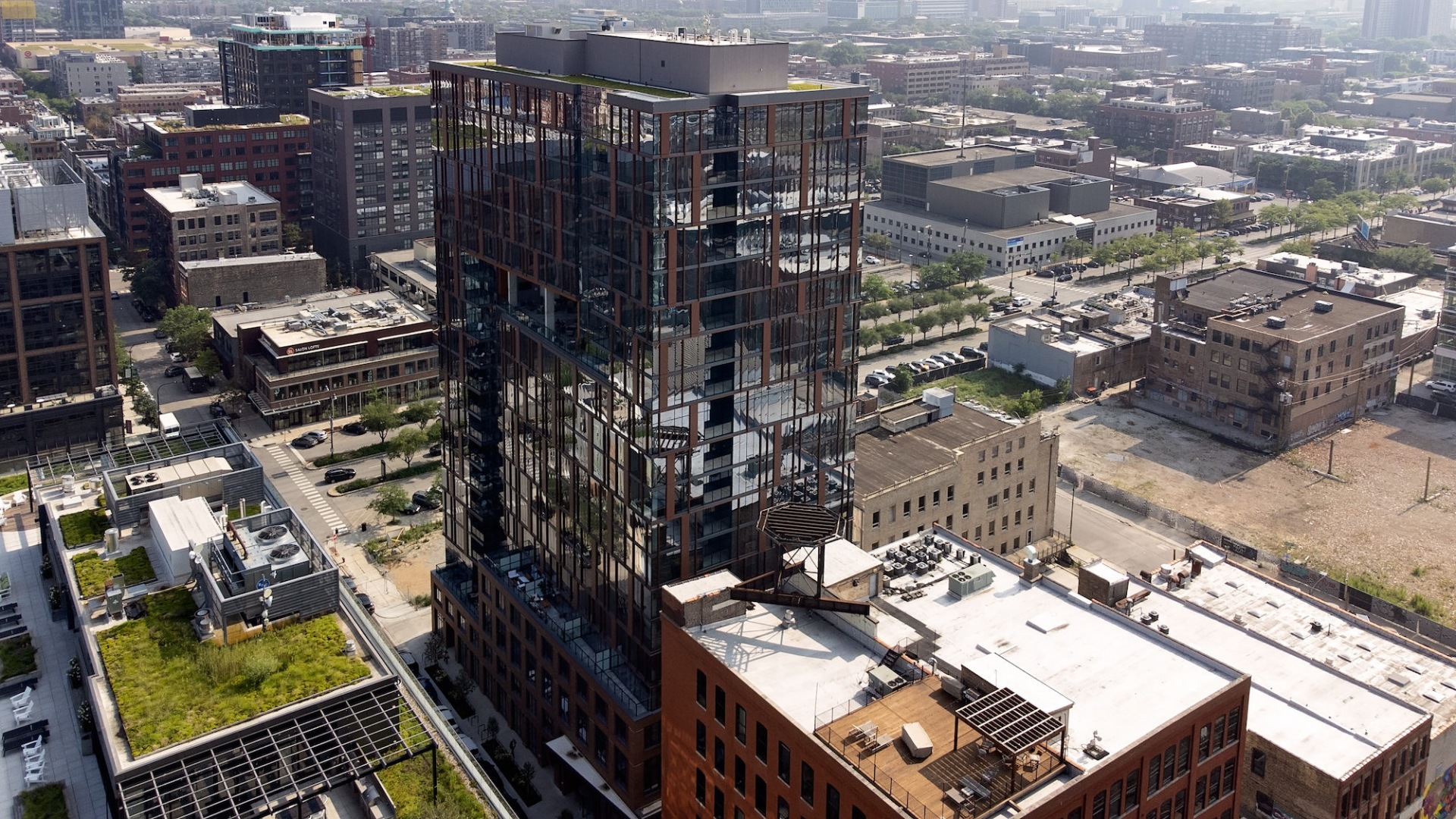 Aerial view of new apartment building One Six Six in Chicago's Fulton Market neighborhood