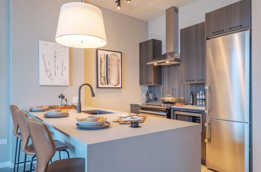 A kitchen in Union West, a luxury apartment building in Chicago's West Loop neighborhood