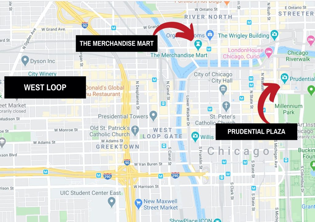 A map showing business HQ near Chicago's West Loop, including Merchandise Mart and Prudential Plaza. 