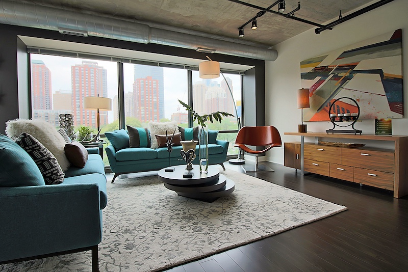 A sample unit living room view in Amli 900, a luxury apartment building in Chicago's South Loop neighborhood.