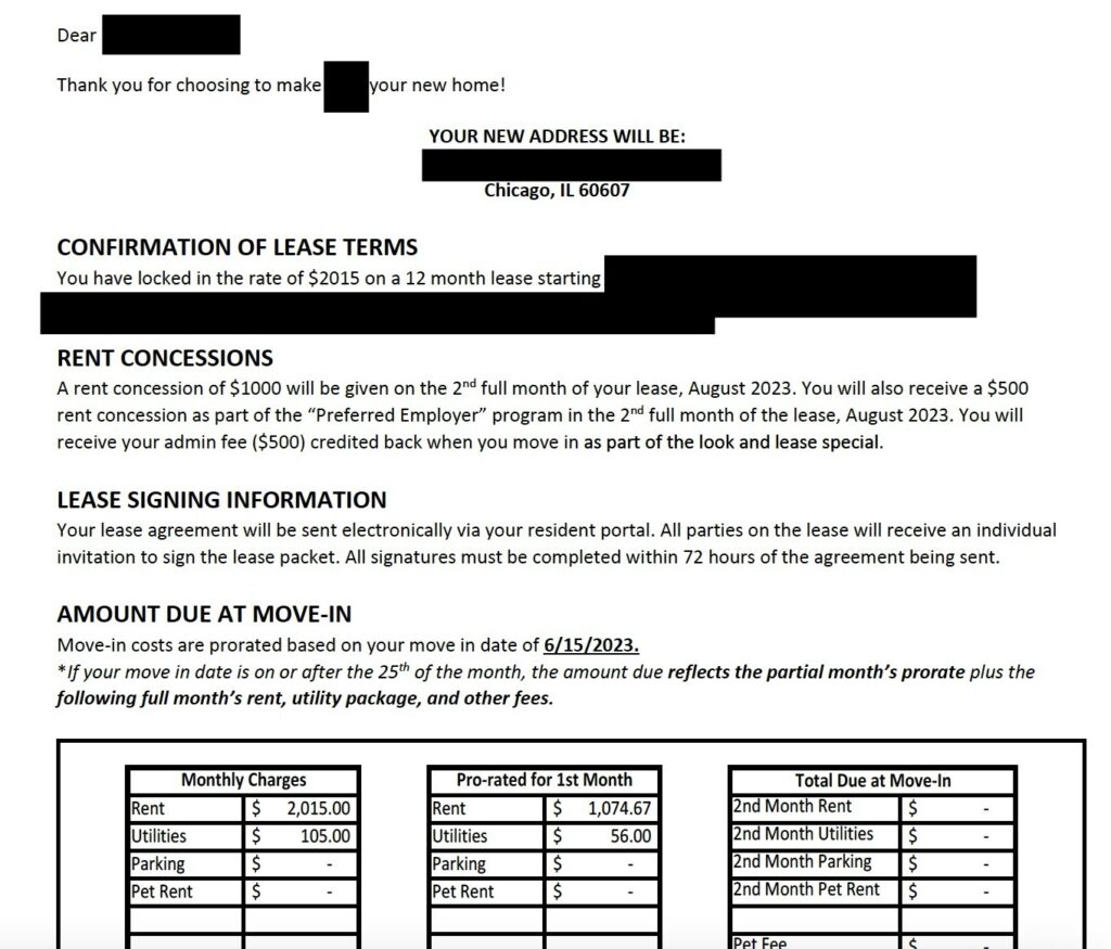 Example of a lease terms confirmation following the apartment application process.